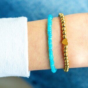 18K Gold Beaded Stretch Bracelet w/Heart Waterproof Stackable Jewelry Heart